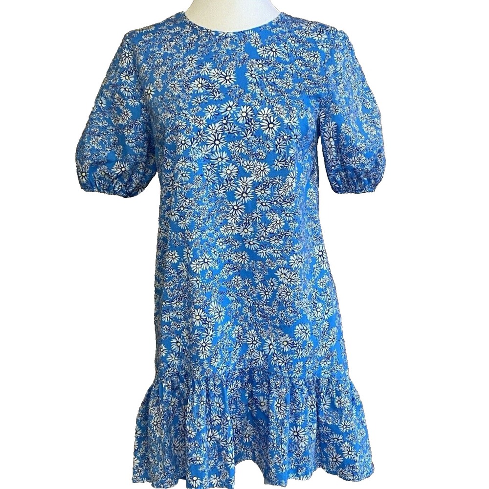 Topshop Womens Floral Blue Daisy Round Neck Mini Dress Size 4 Petite